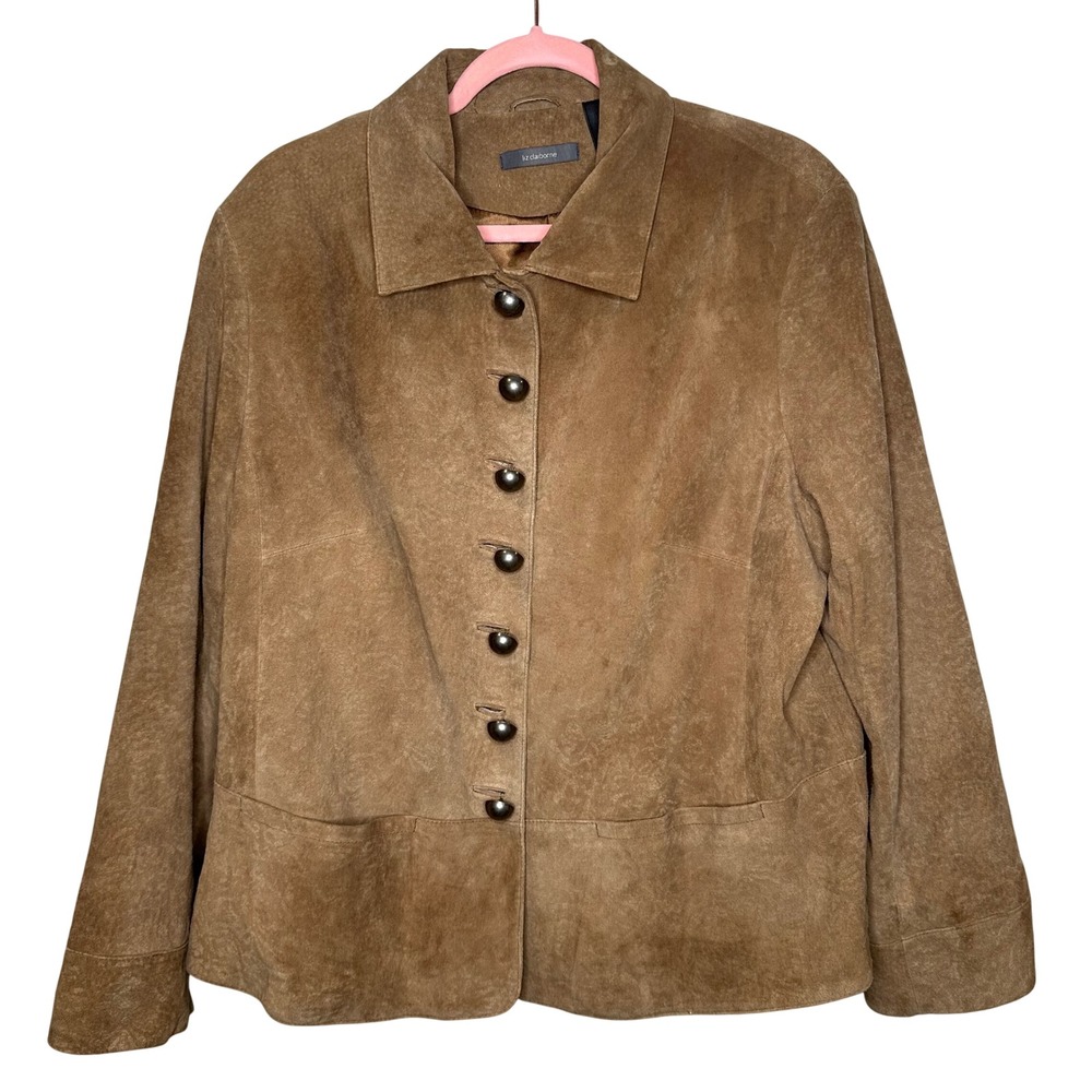 90s Liz Claiborne Brown Tan Suede Leather Button Front Jacket Coat Pockets 16W